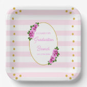 Roze rozen gestreepte afstudeerbrunch papieren bordje (Voorkant)