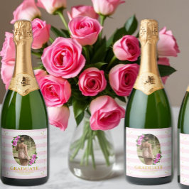 Roze rozen gestreepte afstudeerbrunch sparkling wijnetiket