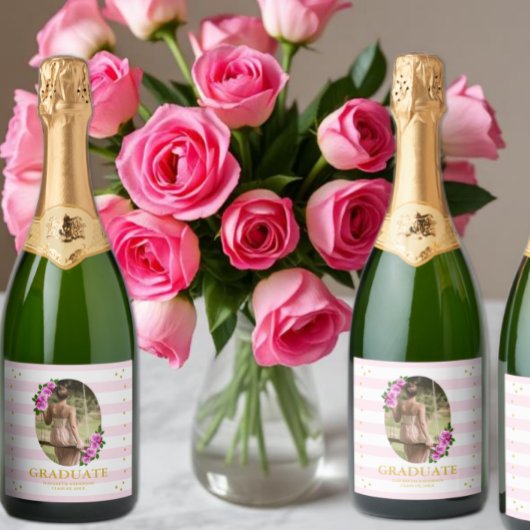 Roze rozen gestreepte afstudeerbrunch sparkling wijnetiket