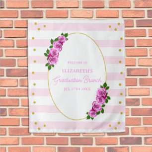 Roze rozen gestreepte afstudeerbrunch wandkleed