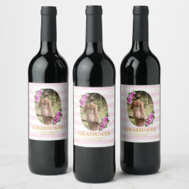Roze rozen gestreepte afstudeerbrunch wijn etiket