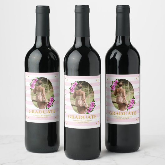 Roze rozen gestreepte afstudeerbrunch wijn etiket (Flessen)