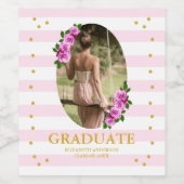 Roze rozen gestreepte afstudeerbrunch wijn etiket (Enkel label)