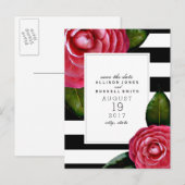 Roze Rozen Gestreepte bruiloft Save the Date Aankondigingskaart (Voorkant / Achterkant)