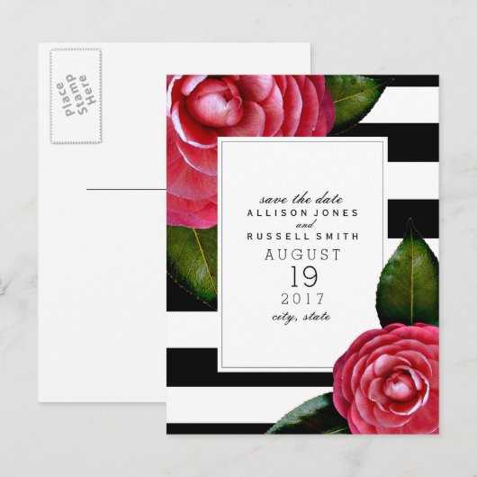 Roze Rozen Gestreepte bruiloft Save the Date Aankondigingskaart (Voorkant / Achterkant)