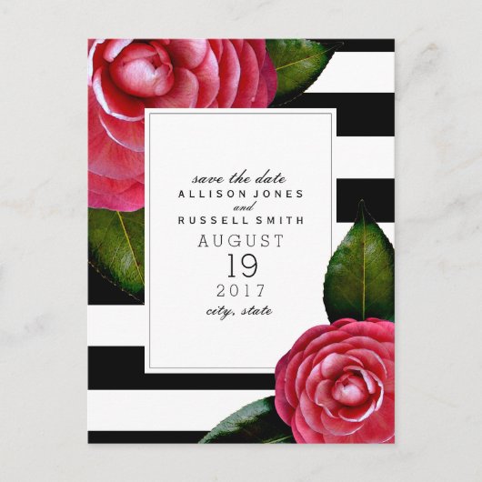 Roze Rozen Gestreepte bruiloft Save the Date Aankondigingskaart (Voorkant)
