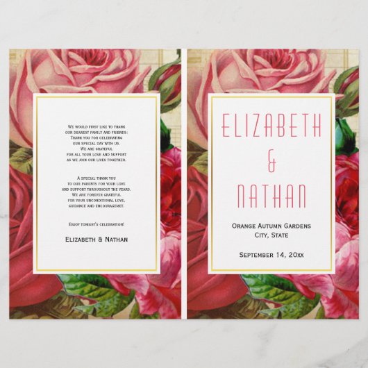   roze rozen gevouwen trouwprogramma (Voorkant)