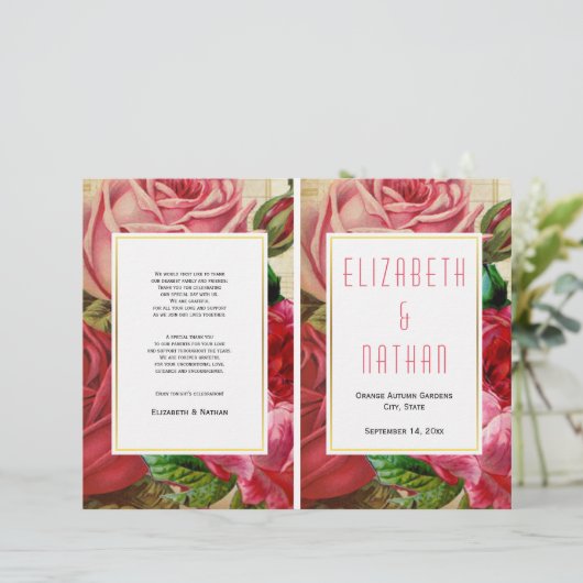 roze rozen gevouwen trouwprogramma (Staand voorkant)