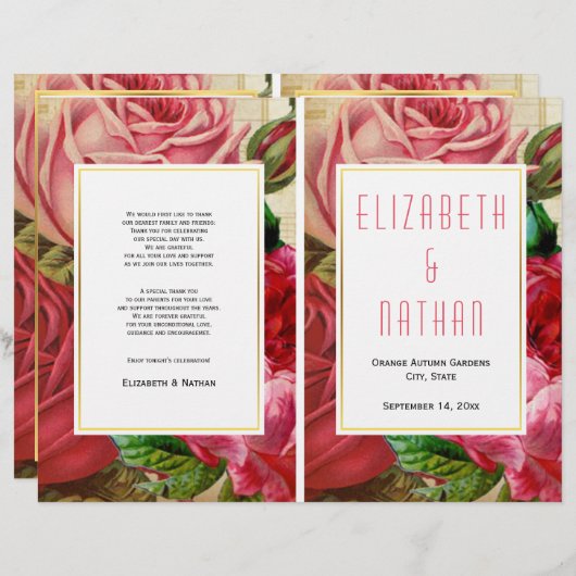   roze rozen gevouwen trouwprogramma (Voorkant / Achterkant)