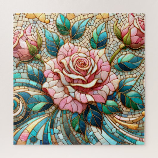Roze rozen glas-in-lood mozaïek legpuzzel (Verticaal)