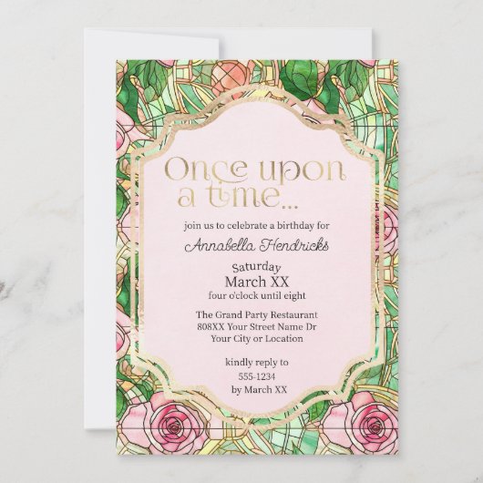 Roze Rozen Glas in lood Slapen Beauty Sprookje Kaart (Voorkant)