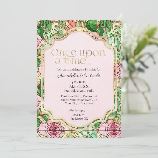 Roze Rozen Glas in lood Slapen Beauty Sprookje Kaart (Staand voorkant)