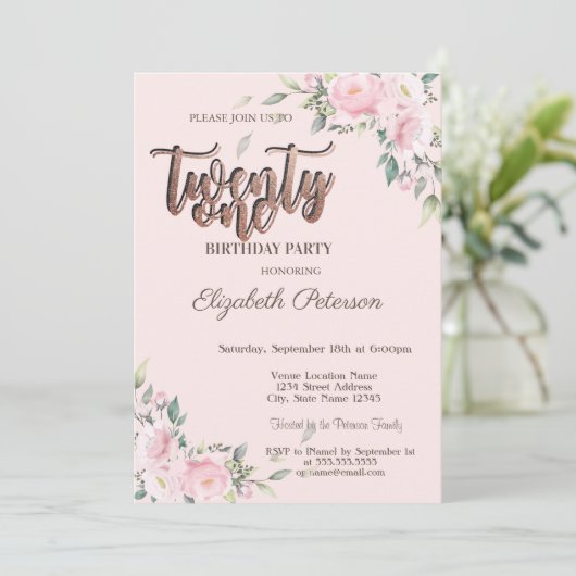 Roze rozen Glitter Drips Roos Gold 21st verjaardag Kaart (Staand voorkant)