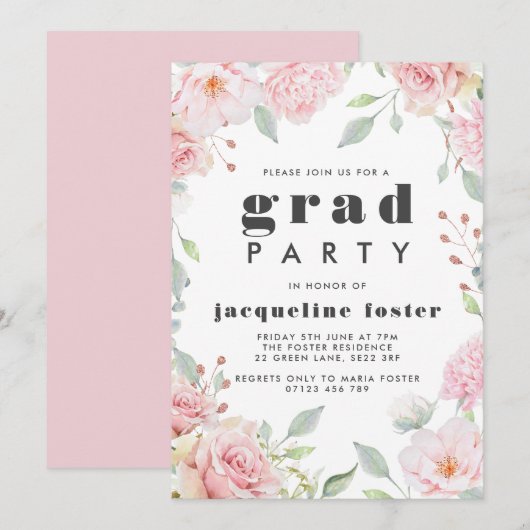 Roze rozen & Glitter Graduation Party Kaart (Voorkant / Achterkant)