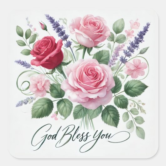 Roze Rozen God zegene u religieus Vierkante Sticker (Voorkant)
