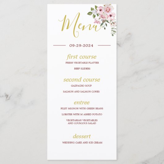 Roze rozen Gold Elegant Summer Monogram Menu (Voorkant)