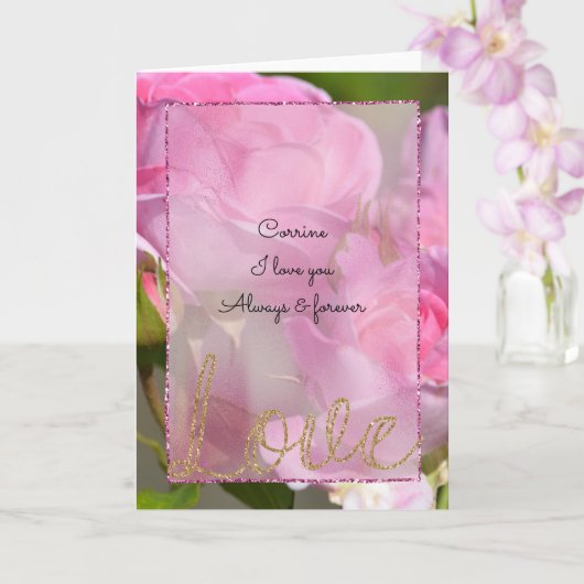 Roze rozen Gold Glitter Love Kaart (Orchidee)