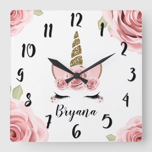 Roze rozen Gold Glitter Unicorn Trendy Cute Vierkante Klok (Voorkant)
