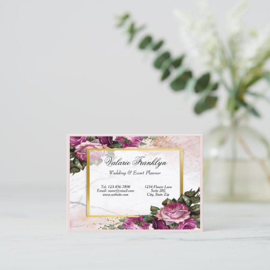  roze rozen Gold Lijst Event Planner Visitekaartje (Staand voorkant)