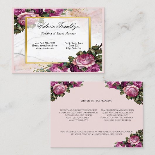  roze rozen Gold Lijst Event Planner Visitekaartje (Voorkant / Achterkant)