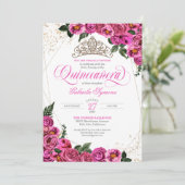 Roze rozen & Gold Tiara Elegant Quinceañera Kaart (Staand voorkant)