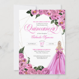 Roze rozen | Golden Tiara & Ball Gown Quinceañera Kaart