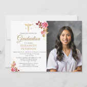 Roze Rozen Goud Caduceus Verpleegschool Afstuderen Kaart (Voorkant)