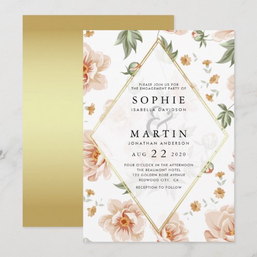 Roze Rozen & Goud Elegant Bloemen Verlovingsfeest Kaart (Voorkant / Achterkant)