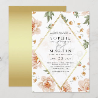 Roze Rozen & Goud Elegant Bloemen Verlovingsfeest Kaart