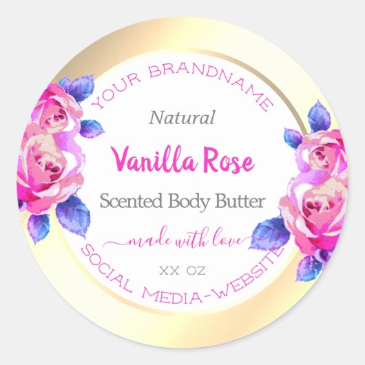 Roze Rozen Goud en Wit Product Verpakkingsetikette Ronde Sticker (Voorkant)