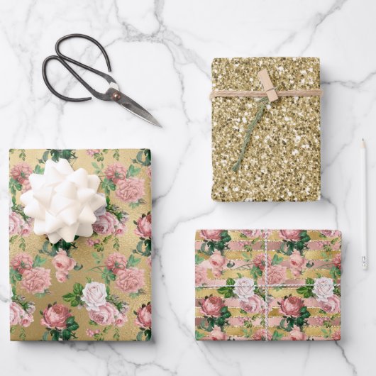 Roze Rozen Goud Glam Glans Inpakpapier Vel (Voorkant)