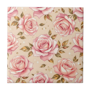 Roze rozen gouden bladeren patroon tegeltje
