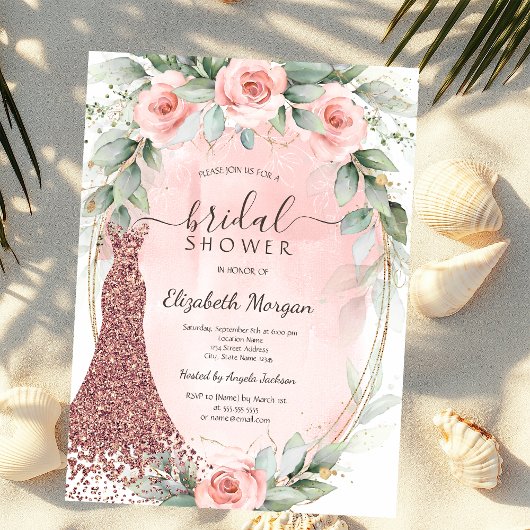 Roze rozen gouden frame glitters jurk bruidsdouche kaart