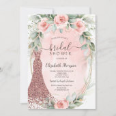 Roze rozen gouden frame glitters jurk bruidsdouche kaart (Voorkant)