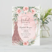 Roze rozen gouden frame glitters jurk bruidsdouche kaart (Staand voorkant)