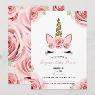 Roze Rozen Gouden Glitter Eenhoorn Bloemenkinderfe Kaart