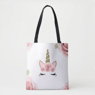Roze Rozen Gouden Glitter Eenhoorn Trendy Schattig Tote Bag
