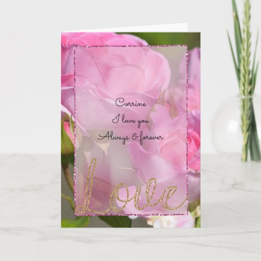 Roze Rozen Gouden Glitters Liefde Kaart (Voorkant)