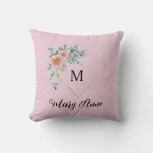 Roze Rozen Gouden Hart Monogram en Naam Kussen