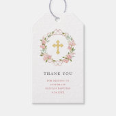 Roze Rozen Gouden Kruis Bloemen | Doop Cadeaulabel (Voorkant)