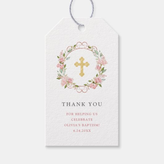 Roze Rozen Gouden Kruis Bloemen | Doop Cadeaulabel (Voorkant)