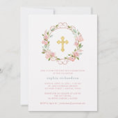 Roze Rozen Gouden Kruis Bloemen Eerste Heilige Com Kaart (Voorkant)