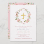 Roze Rozen Gouden Kruis Bloemen Eerste Heilige Com Kaart (Voorkant / Achterkant)