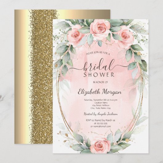 Roze Rozen Gouden Lijst Glitters Bruiloftssalon Kaart (Voorkant / Achterkant)
