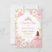Roze Rozen Gouden Quinceañera  Save the Date (Voorkant)