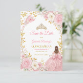 Roze Rozen Gouden Quinceañera  Save the Date (Staand voorkant)