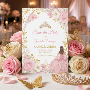 Roze Rozen Gouden Quinceañera Save the Date