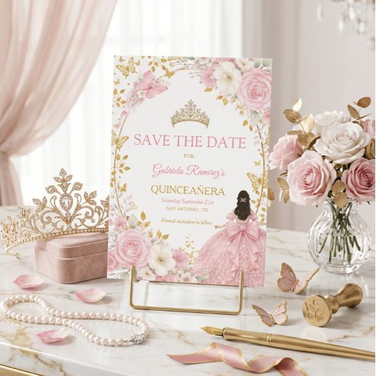 Roze Rozen Gouden Quinceañera Save the Date