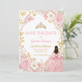 Roze Rozen Gouden Quinceañera Save the Date (Staand voorkant)