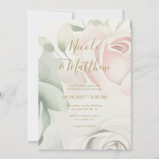 Roze Rozen & Gouden Script Gepersonaliseerde bruil Kaart (Voorkant)